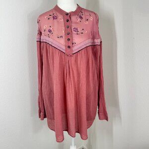 Free People Pink Hearts And Colors Tunic Blouse Sz M Popover